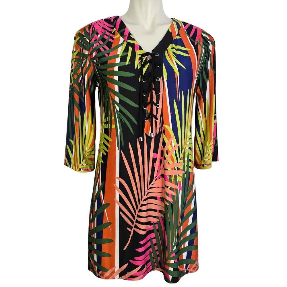 BEACH BREAK Women's Tunic Dress Cover Up Tropical Leaf Lace Up V-Neck S